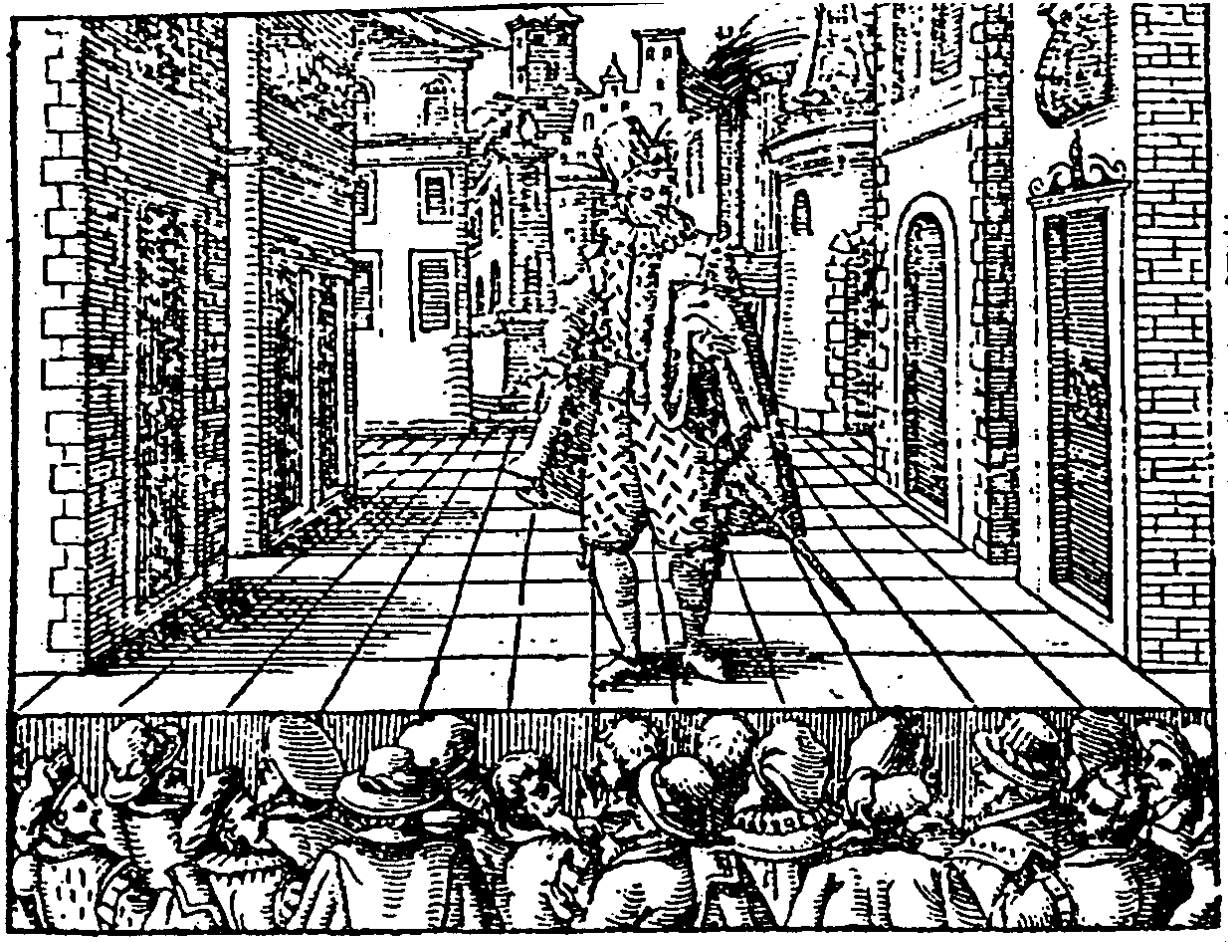 Lelio im Prolog von Orazio Vecchis L’Amfiparnaso (Holzschnitt, Angelo Gardano, Venedig 1597)